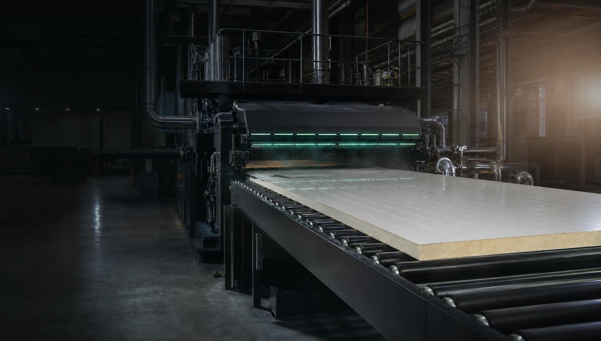 NEVO continuous double-belt laminator producing a PIR sandwich panel with PPGI facings