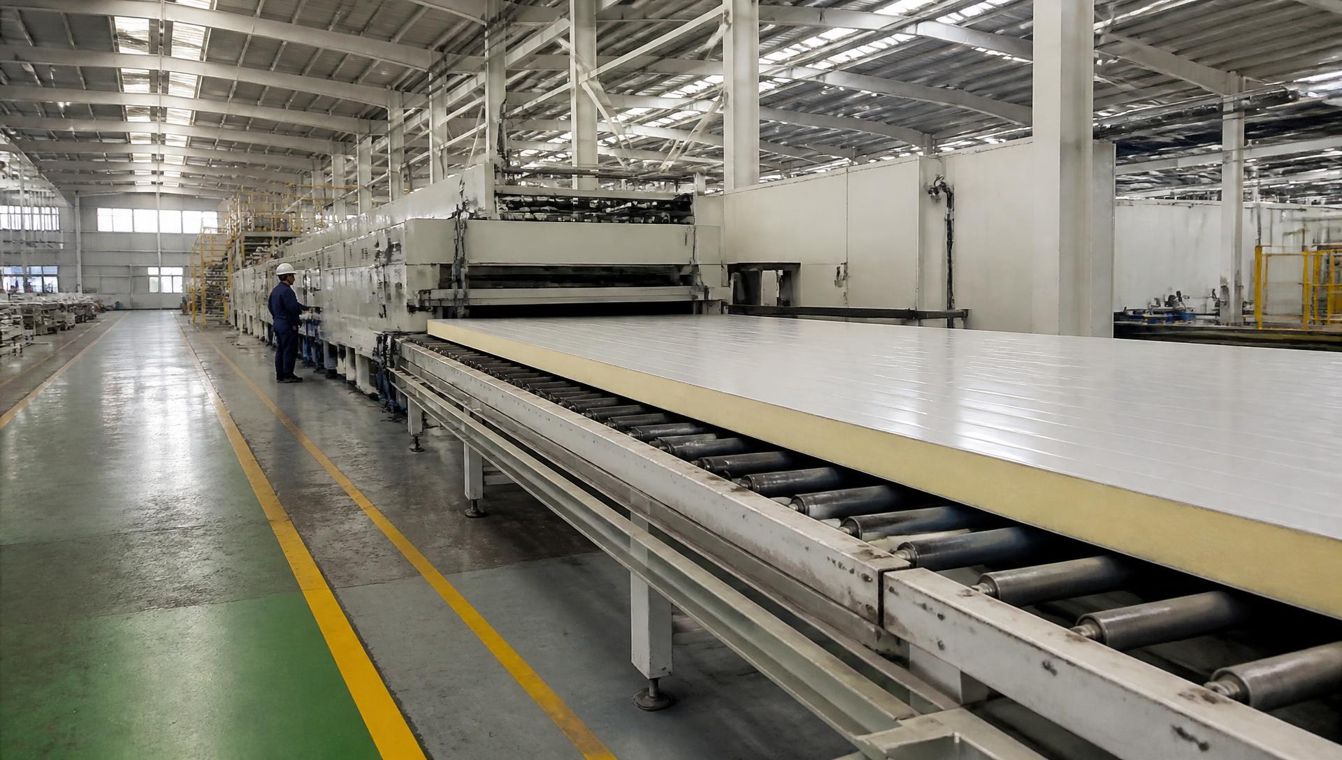 NEVO continuous double-belt laminator producing a PIR sandwich panel with PPGI facings