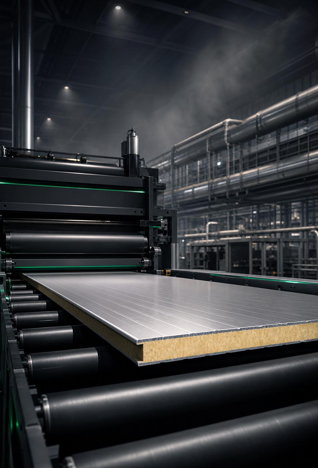 NEVO double-belt laminator producing a PIR sandwich panel with PPGI facings