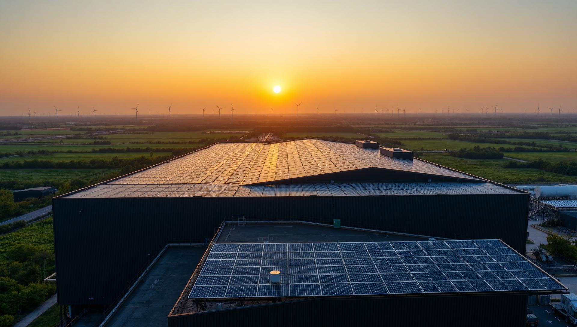 Solar-panel factory rooftop at golden hour